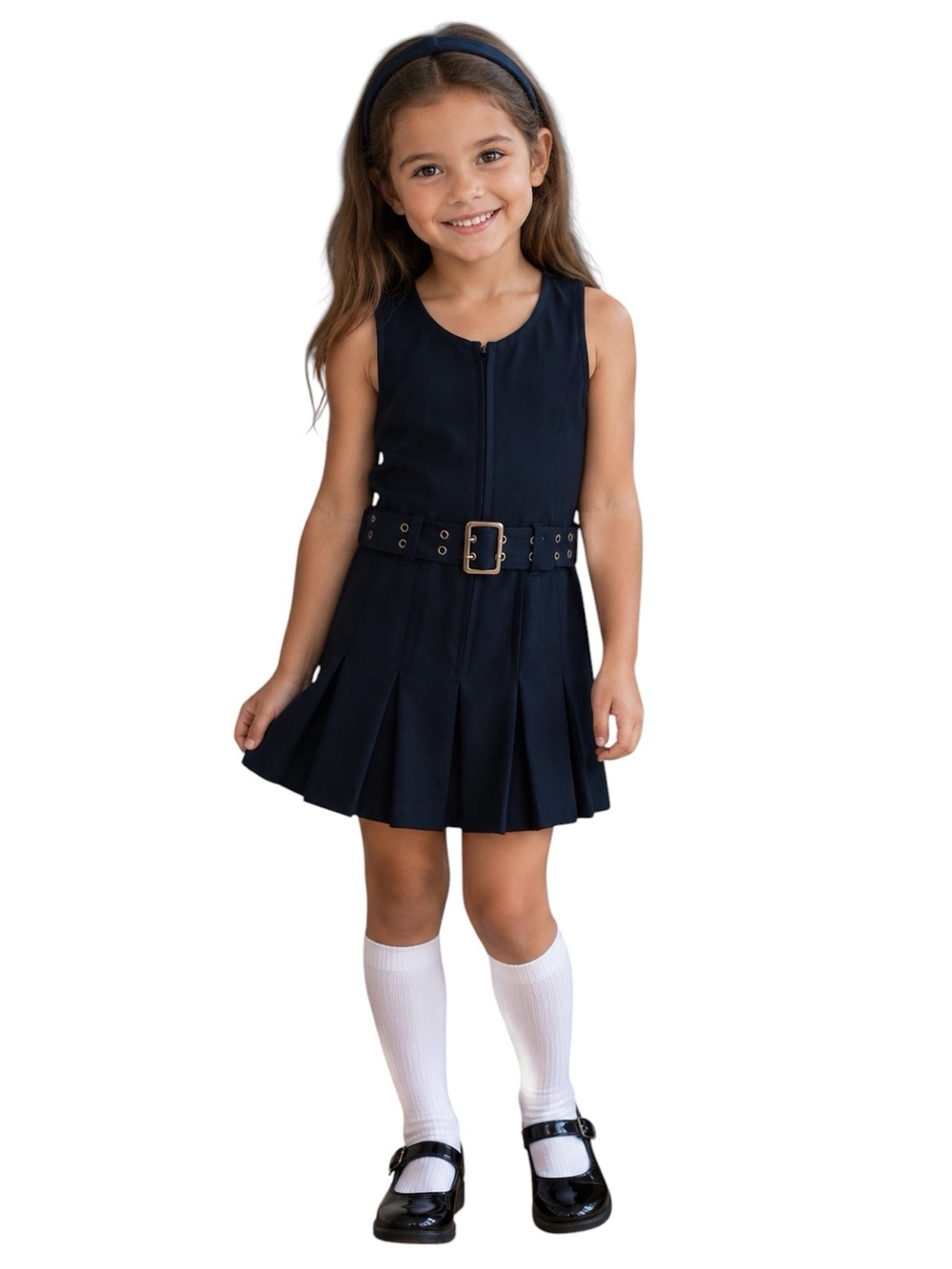 Girls School Uniform Jumper Front Zip, Belted & Pleated Front Hem Navy B…
